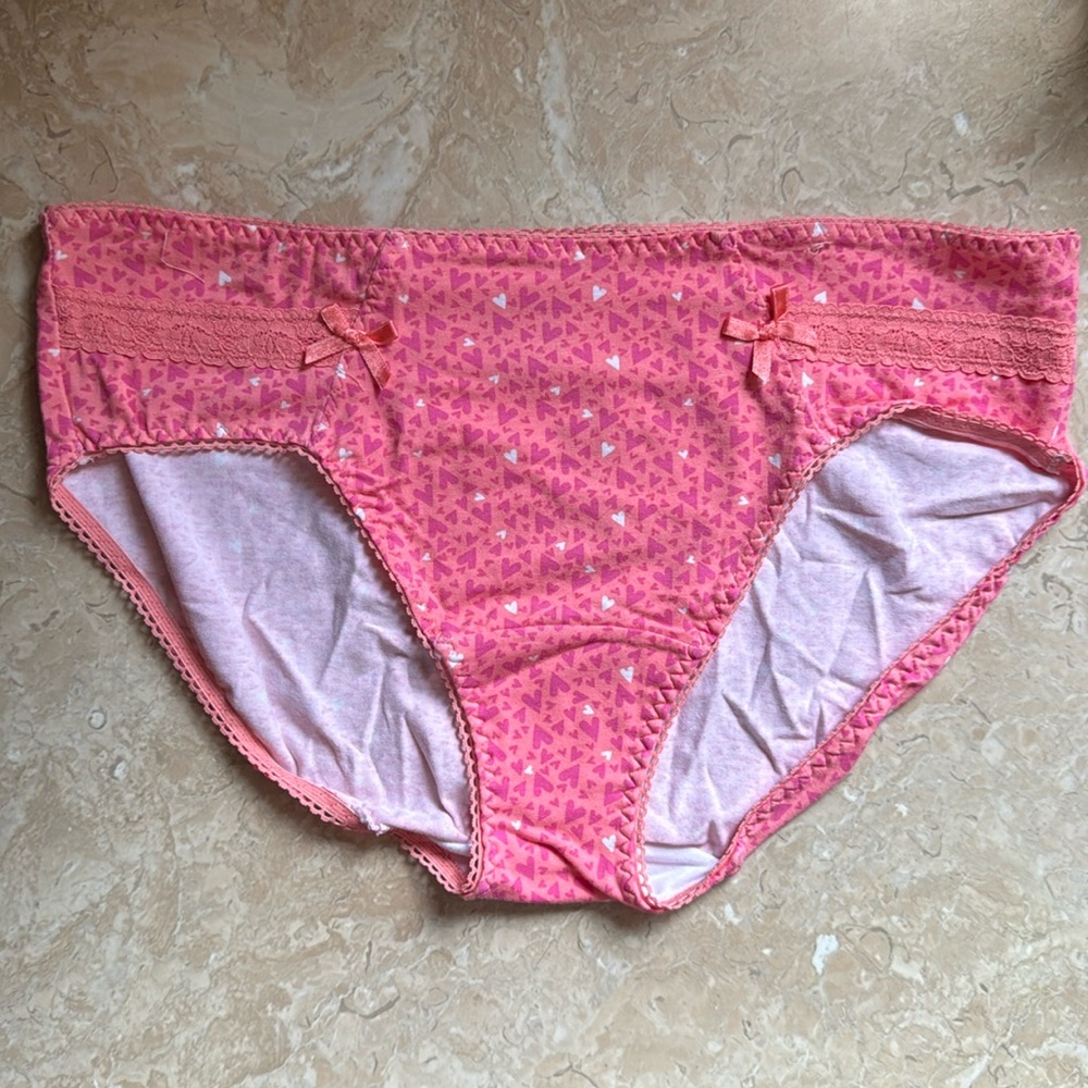Cacique Hipster Pink Heart Lace Bow Hearts Cotton Stretch Panty Size 14 16 NWOT